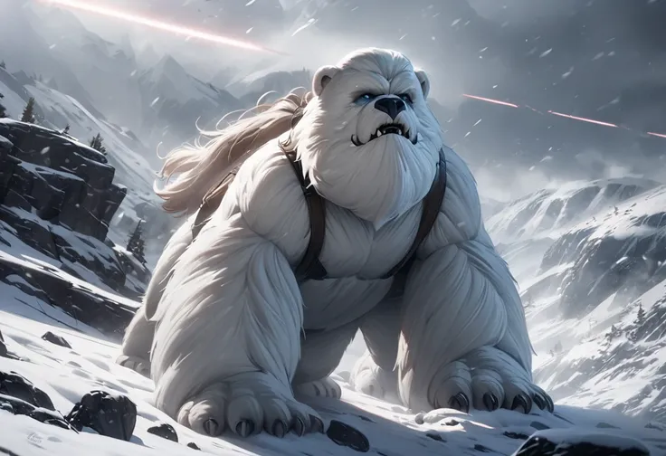 a mighty wampa, star wars, long hair yeti, demon bear, snowy landscape, hoth, overcast, heavy snow, detailed snow, highly detailed, hyperrealistic, cinematic lighting, dramatic composition, epic battle scene, masterpiece
