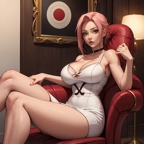 sakura haruno,red and white sexy mini dress,wide chairs,bared shoulders,large breasts woth with,Kate&#39;s high heels ,perfect legs, bed-in, Room