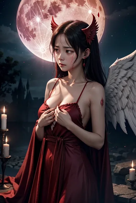 Satanic、despair、Devastation、natural disaster、middle ages、Red full moon、A woman looks up to the sky and sheds tears of blood、Place your hand on your chest、Sad look、Fluffy camisole、Fantasy、Wrapped in angel wings