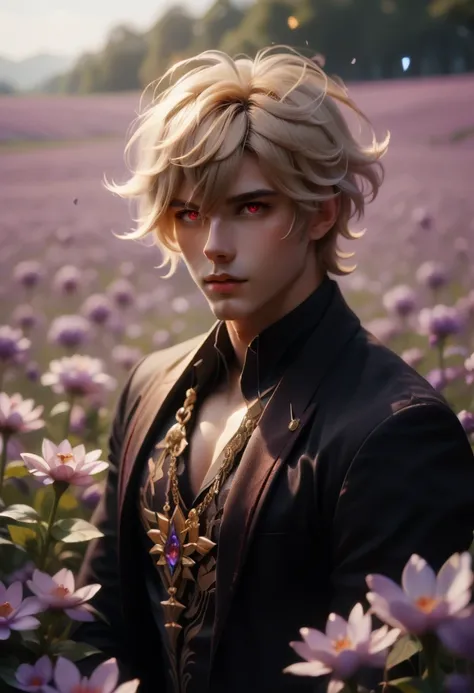 kaveh (genshin impact), 1 male, blond hair, red eyes, in lavender field with flowers