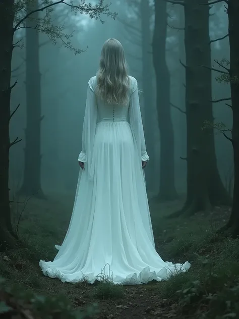 The Witch Appears: Tall, Ghostly woman in a long white dress, in the woods