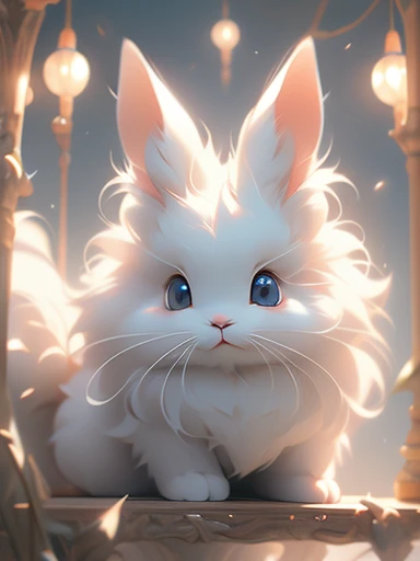 A white rabbit is sitting on a cat tree。, soft and fluffy, Gray Hair, Great Features, fluffy face, anthropomorphic large, fluffy!!!, Beautiful rabbit, fluffyした!!!, fluffy rabbit, Wonderful rabbit, Silver-haired madman, Serious expression, outrageously fluf...