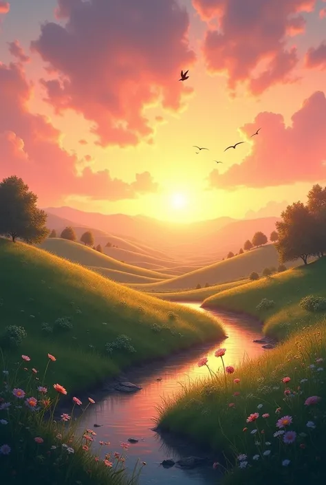 A serene sunrise over a tranquil landscape.