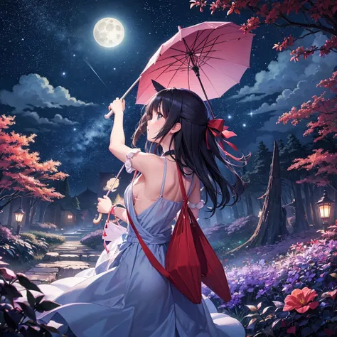 Full moon night、Over the mysterious forest、My Neighbor Totoro is flying through the sky with a red umbrella. The sky is full of stars.