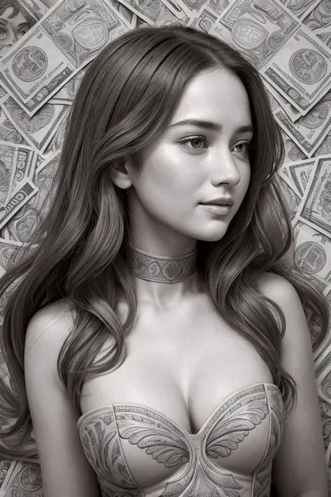 The hyper-realistic digital illustration depicts a young woman standing frontally in the center of the image, facing directly towards the viewer. She has long, wavy hair that flows down her shoulders, framing her face. The womans facial expression is laugh...