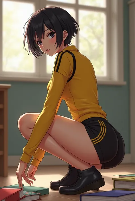 A girl with almost short hair wears a short-sleeved yellow uniform shirt with black stripes on the shoulders and short black shorts with yellow stripes on the sides and made of synthetic material.. She drops her books and bends down to pick them up.. Looks...