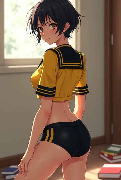 A girl with almost short hair wears a short-sleeved yellow uniform shirt with black stripes on the shoulders and short black shorts with yellow stripes on the sides and made of synthetic material.. She drops her books and bends down to pick them up.. Looks...