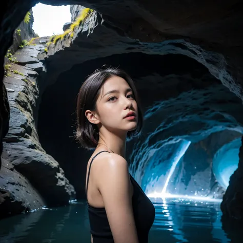 ((Top Quality)), ((Masterpiece)), ((Details)), upper body, close-up, More Saturation, strong reflections, bright shade, Place the girl in the foreground at large, 
Shooting star - Cave - Black hole - Girl, 
A vast, dark cave with a black hole swirling omin...