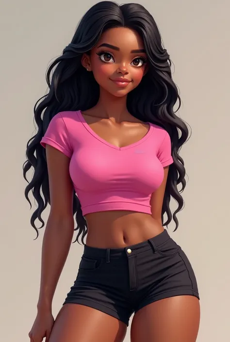 A black girl with long braided hair who is 13 about 130 pounds medium size ass and medium size breast in black booty shorts and a pink t-shirt 