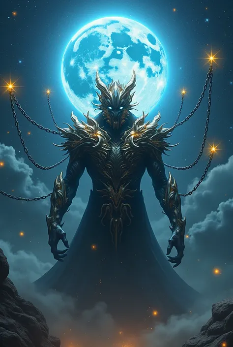 An intergalactic creature with a metallic face with golden parts showing that he is Armageddon himself., he floats in the galaxies and has stars chained to his back, and a blue sun behind him shines