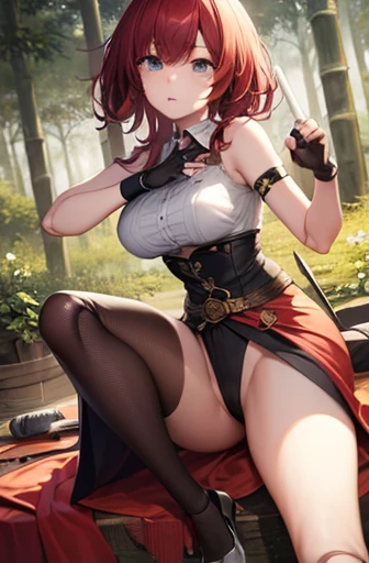 (masterpiece, best illustration,) Hong Meling, waist length red hair, doll joints, battle ready pose, fingerless black gloves, bamboo forest, no extra limbs, confident expression