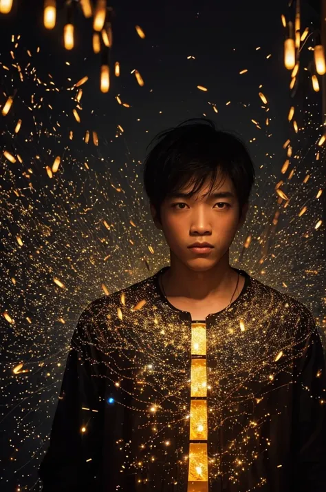 A man made of fireflies, Surrounded by fireflies.