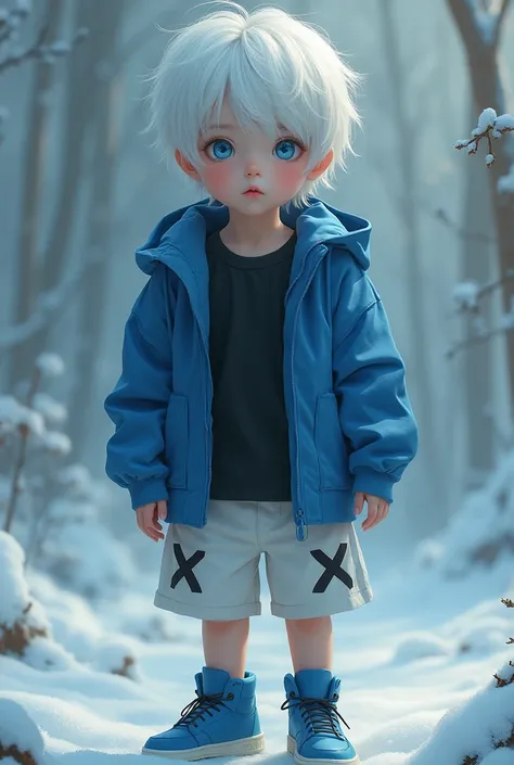 A beautiful  boy, White skin, White hair, and blue eyes.
He is wearing a blue hooded jacket, and underneath a black shirt.
He has white shorts with two vertical black stripes on the sides., and he has blue tennis shoes with a black x on them.