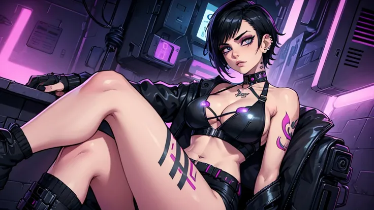 Punk woman with tattoos and minimal piercing. (Show  cleavage and and full breast). No emotions. (Very detailed eyes). ((Closeup)) Minimal make up. (Cyberpunk background sunset). Black short hair. Sitting knees apart.