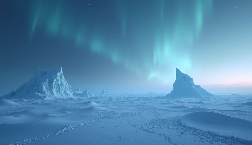 A remote Arctic tundra under the pale light of the northern twilight. The landscape is vast and desolate, with endless stretches of snow and ice. The sky is a deep indigo, with the faint glow of the Aurora Borealis illuminating the horizon. Icebergs are vi...