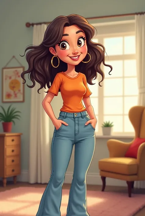 A cartoonist AI image of woman with wearing top and blank jeans with a background of his room 