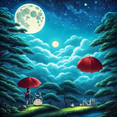 Full moon night、Over the mysterious forest、My Neighbor Totoro is flying through the sky with a red umbrella. The sky is full of stars.