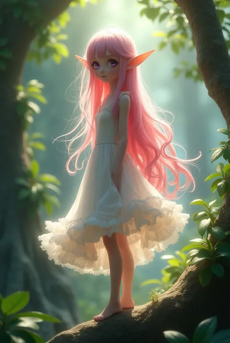 Beautiful girl standing on a tree、Dress、Fluffy frilly lace、Slender Body、An innocent smile、Pink Hair、Hollow eyes、A beautiful girl standing quietly、Deep purple eyes、Elf Ears