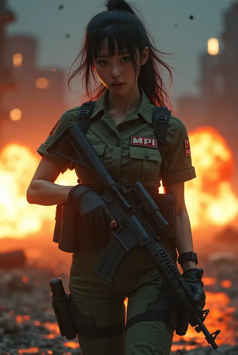 Photo-realistic, ultra-realistic, (very beautiful Japanese, famous Japanese idol:1.3), (Fully equipped for battle:1.5), large assault rifle on her back, (amazing view of multiple explosions:1), (painful impressions, crying:1.3), (wearing an army soldiers C...