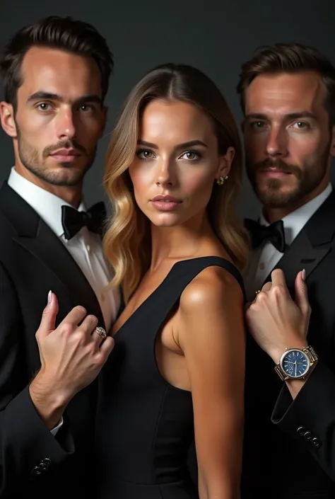 3 or 4 male and female models wearing fancy and luxurious quartz watches, showing their hands to the camera and looking at the camera with a sharp look