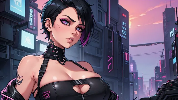 Punk woman with tattoos and minimal piercing. (Show cleavage without undergarment). No emotions. (Very detailed eyes). ((Closeup)) Minimal make up. (Cyberpunk background sunset). Black short hair.