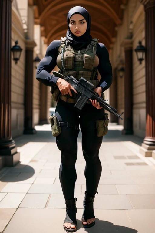 Photorealistic, high resolution, 1 malay woman in hijab, Solo, Hips up, Gaza background，view the viewer, (Detailed face), White hijab, SWAT vests, sniper rifle handle, Black military uniform, bulletproof vest, Holding an assault rifle, M16, Inside the city...