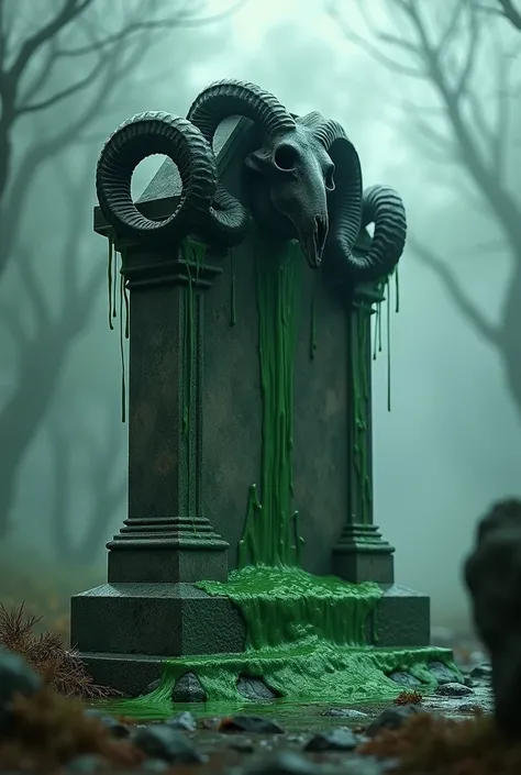 A tombstone with black ram skulls and green slime overflowing from the cracks in the tombstone