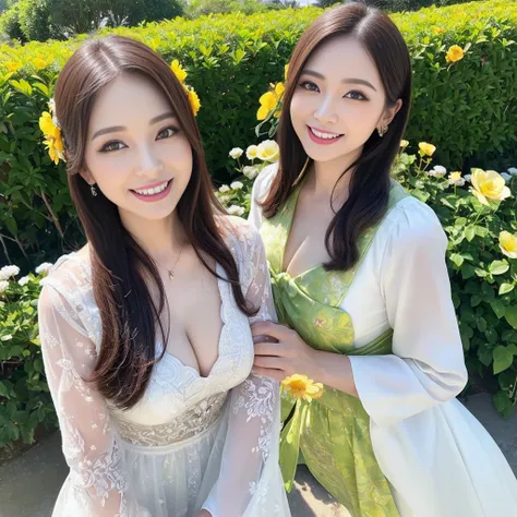 ((highest quality、pieces fly、8K、best image quality、hyper realism))、4、wrinkled face、(very bright and vivid:1.1)、beautiful and detailed eyes, portrait shot of woman、blurred background、(Elegant and neat dress:1.1)、Long Wave Hair, cleavage,、sunlit skin、(sculpt...