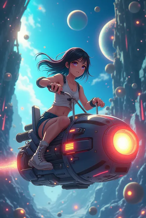 Japanese anime style,A woman riding a term machine,Flying through the virtual currency space,Traveling to the past,8k