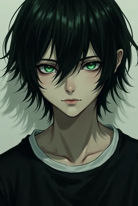  young man,,shoulder length hair,not so white skin,delgado,parts,emo style,and eyeliner,green eyes,white collar of his clothes,but,black t-shirt