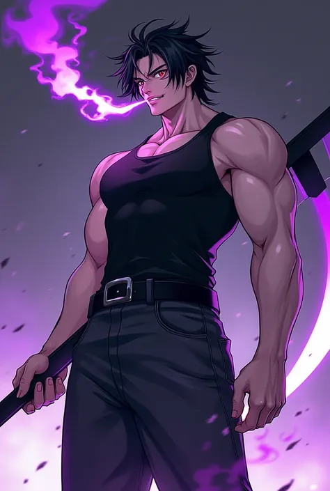 (photoanime1.2), Attractive man, 1, Pale skin, long messy black hair, black tank top,  wide leg jeans, defined physique, light brown eyes, scar on his mouth and eye, with a scythe and fire from his purple mouth