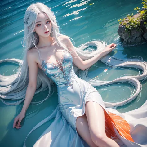 Beautiful mermaid, white long hair, red eyes, realistic photo, high detailed, Realistic, high resolution, high texture, beautiful beauty, long flowing hair, big red eyes, full and high straight, swimming, silver and bluesea fish tails, pale skin, happy red...