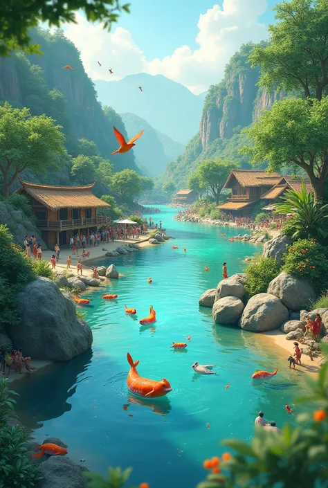 The river flowing freely again with clear water, animals happily enjoying the revitalized environment, and villagers celebrating nearby