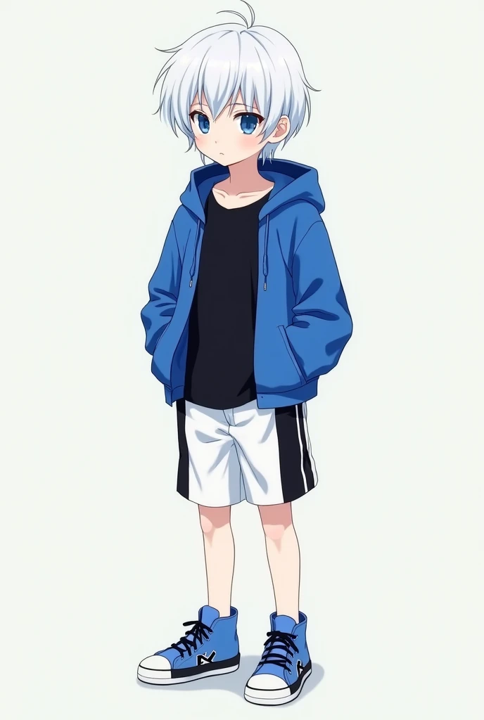 (anime)A beautiful white-skinned child, White hair, and blue eyes.
He is wearing a blue hooded jacket, and underneath a black shirt.
He has white shorts with two vertical black stripes on the sides., and he has blue tennis shoes with a black x on them.