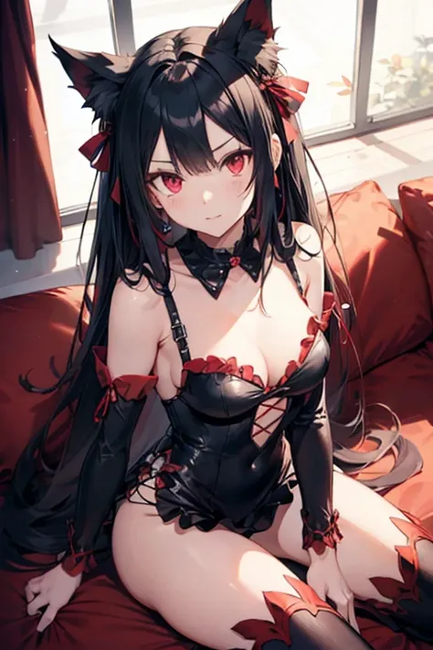 rory mercury, long hair, black hair, (red eyes: