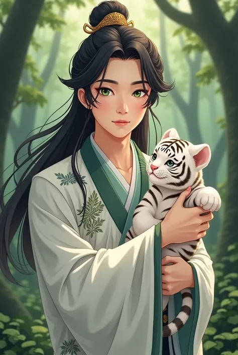 A fair-skinned man with a beautiful face, wearing an ancient Chinese costume, 1, green eyes, long black hair, holding a white tiger cub in the forest, cute style picture.