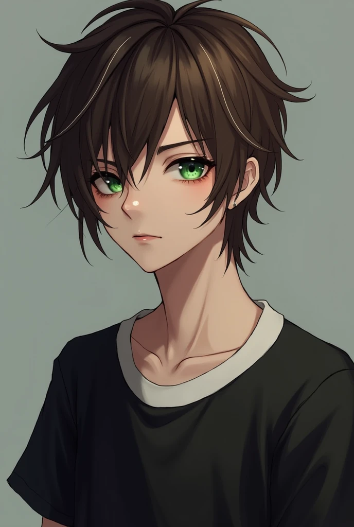  young man,Brown hair with lighter streaks down to the shoulders,not so white skin,delgado,parts,emo style,and eyeliner,green eyes,white collar of his clothes,but,black t-shirt