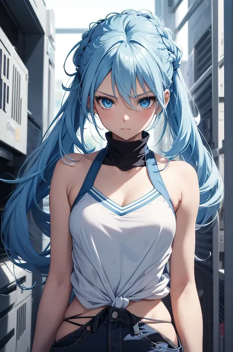 hd, Anime girl, clean and meticulous anime art, blue hair with white tips, long hair tied into a single braid, spiky hairstyle, beautiful anime art style, athletic anime girl portrait, light blue eyes, lovely art style, Soft anime illustration, confident, ...