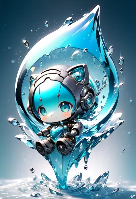 conceptual installation fantasy art, cute chibi animal-based android cyborg trapped in a falling ice drop, background iridescent...