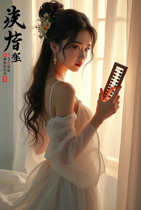 The cover of the ancient Chinese novel &quot;Cross-dimensional business of revenge&quot; asks for a young woman with a beautiful face and sexy body, with an abacus as a prop, and the title is in Chinese characters.