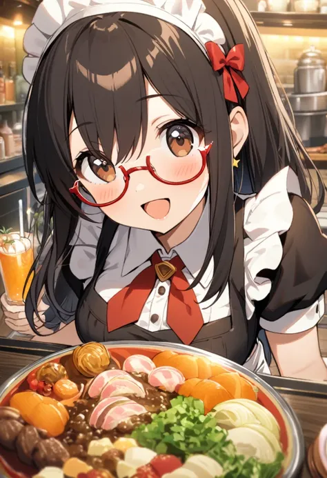 1girl, 17yo, brown eyes are shining and cute, black hair, long hair, tareme, (red-rimless eyewear:1.2), star earrings, medium breasts, smile, blushful,
maid costume,
smiling with an open mouth, spinning and holding a tray of many foods and drinks in a rest...