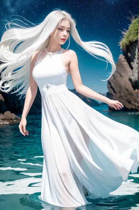 Beautiful woman in white dress standing in sea water，flowing skirt, barefoot, glowing face, eyes shining, pale skin, goddess, get the key, Diamond necklace, Pearl in water, night, Starry Sky, Sky and Milky Way, full moon in background, Como uma goddess, Wa...