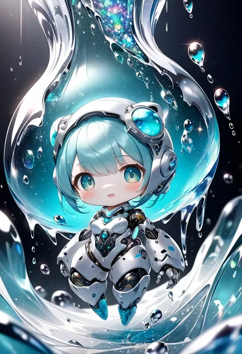 conceptual installation fantasy art, cute chibi animal-based android cyborg trapped in a falling ice drop, background iridescent...