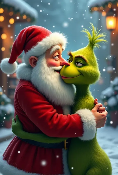 Santa Claus kissing the Grinch