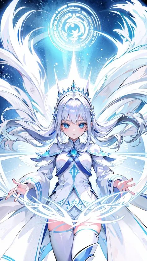 fullbody，Anime girl with long white hair and blue skirt in the snow, White-haired God, White hair floating in the air, Anime Fantasy Illustration, Flowing white hair, beautiful youth, Beautiful fantasy anime, shiny and flowing hair, Ethereal animation, Bea...