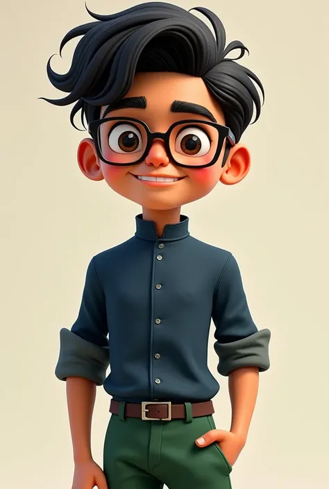 Chico, wavy black hair, Brown eyes, with glasses, high, dark blue shirt, green pants, with black shoes 