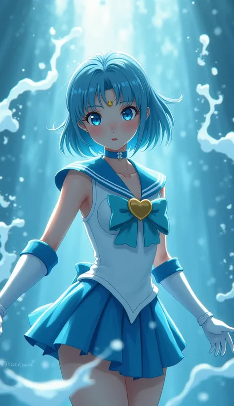 "Generate an image of Ami Mizuno from Sailor Moon in her Super Sailor Mercury form. She should be standing confidently, with her short blue hair styled in a sleek bob. Her outfit is a white sailor-style uniform with a blue collar, a light blue bow on her c...