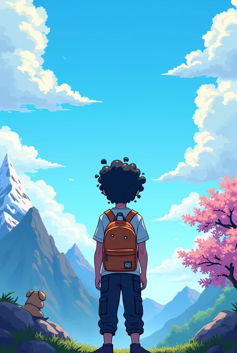 YouTube channel banner,theme pixelated blue sky with clouds,and a guy with curly hair,black cargo pants,white t shirt with a ganger Pokemon backpack.angle is the character in middle photo taken from back side and about 8feet away,more back and a little hig...