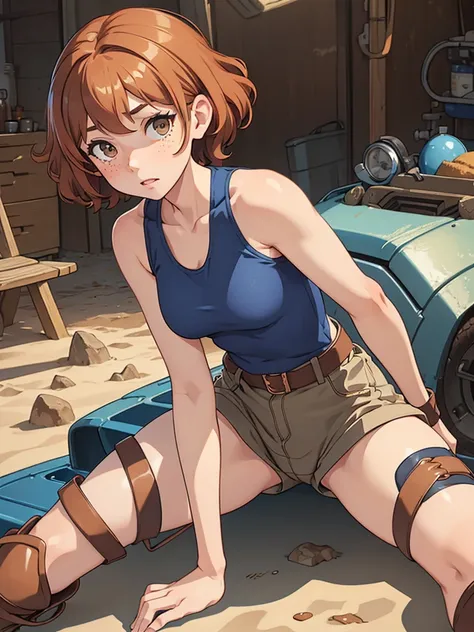 (masterpiece), (best quality), ((one girl)) copper hair,(brown eyes),short hair, curly hair, anime style, freckles, (small breast), (petite figure), blue tank top, knee pads on each leg, legs, (desert background))