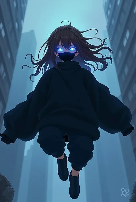 Boy floating with black oversized sweater with long hair brown skin with black mask with blue led eyes anime version